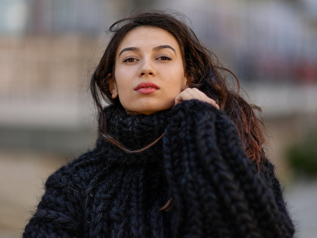 Chunky Black Mohair Wool Sweater, Hand Knitted 8-Strand Pullover T1058