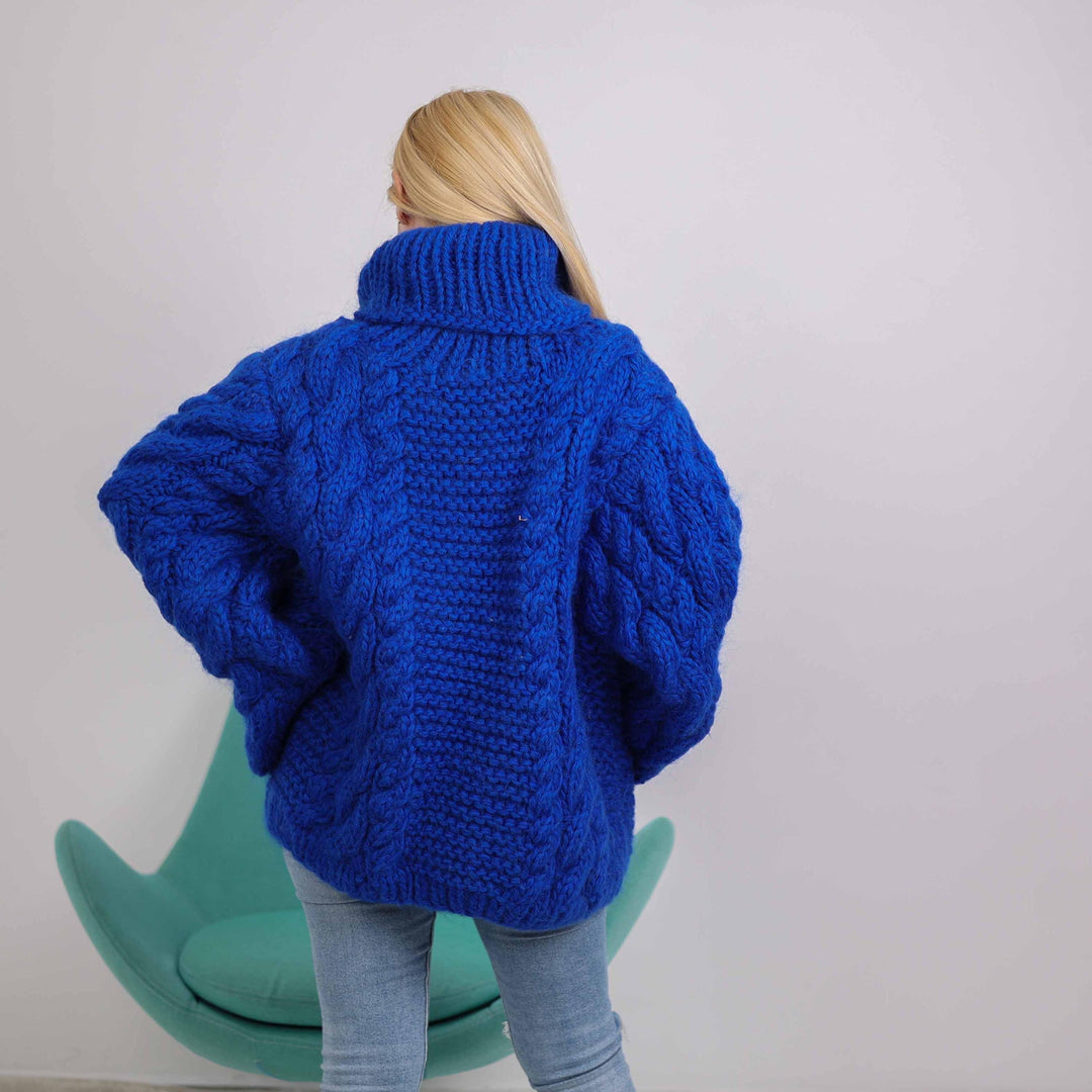 Blue Mohair Wool Sweater, Hand Knitted Cable Pullover with Wide Sleeves T1882
