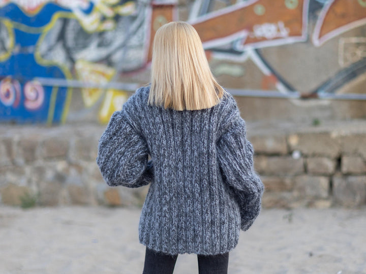 Gray Mohair Wool Ribbed Sweater, Hand Knitted Oversized Chunky Pullover T1081
