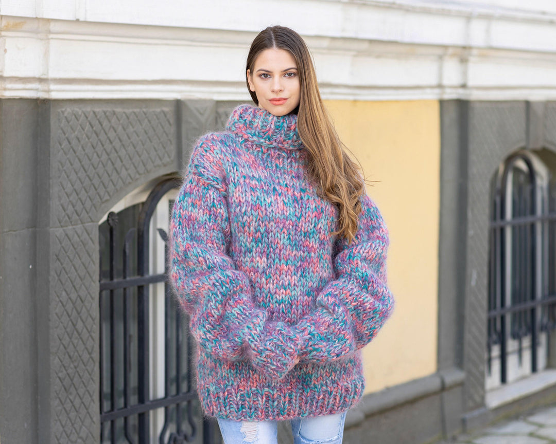 Blue Mohair Wool Sweater, Hand Knitted Thick Turtleneck Pullover T673M