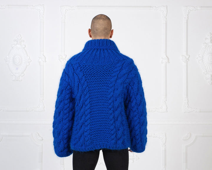 Blue Mohair Wool Sweater, Hand Knitted Cable Pullover with Wide Sleeves T985W