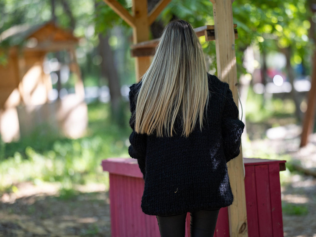 Black Mohair Wool Sweater, Hand Knitted 8-Strand Chunky Oversized Pullover T1224