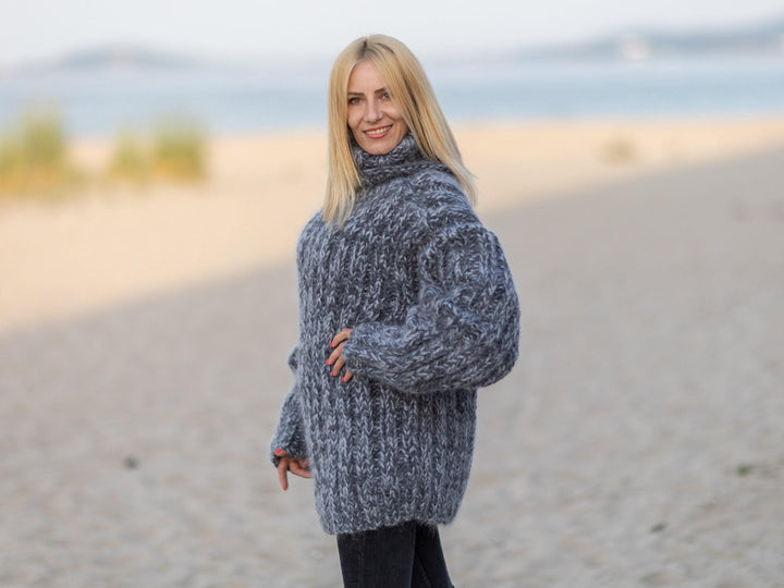 Gray Mohair Wool Ribbed Sweater, Hand Knitted Oversized Chunky Pullover T1081