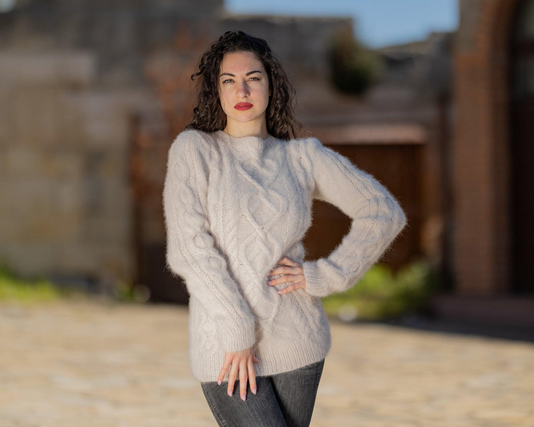 Beige Italian Angora Sweater, Hand Knitted Fluffy Cable Pullover T1433
