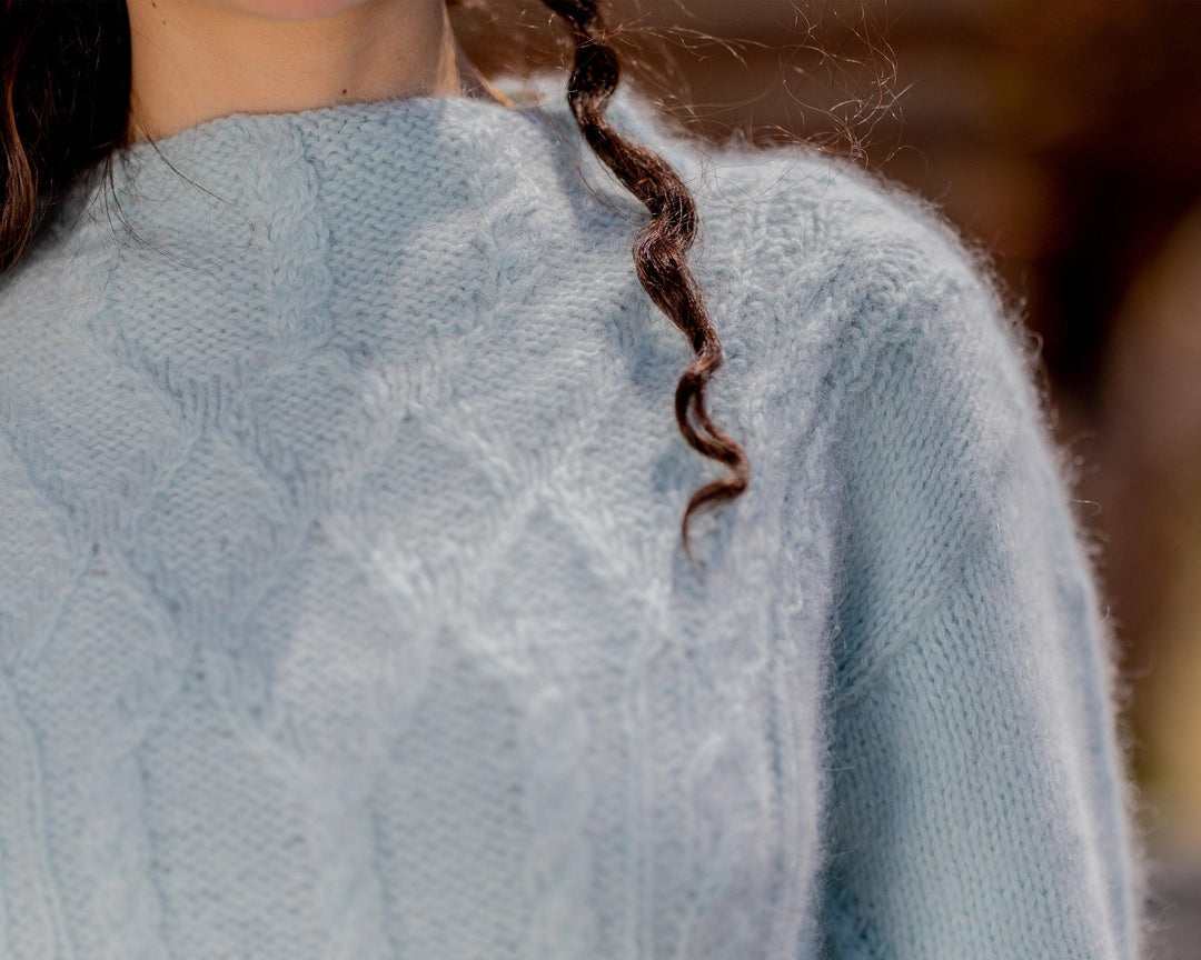 Baby Blue Angora Sweater, Hand Knitted 100% Rabbit Fluffy Pullover T1434