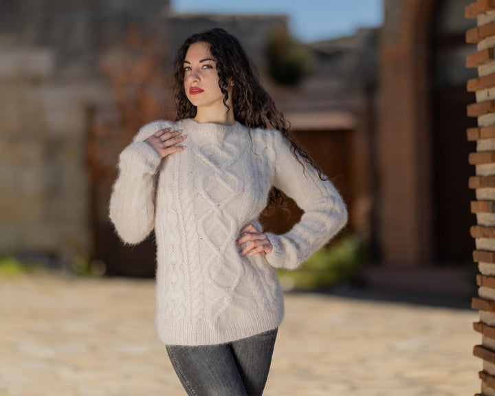 Beige Italian Angora Sweater, Hand Knitted Fluffy Cable Pullover T1433