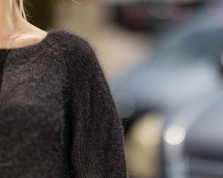 Black Italian Angora Sweater, Hand Knitted Fluffy Pullover T1432