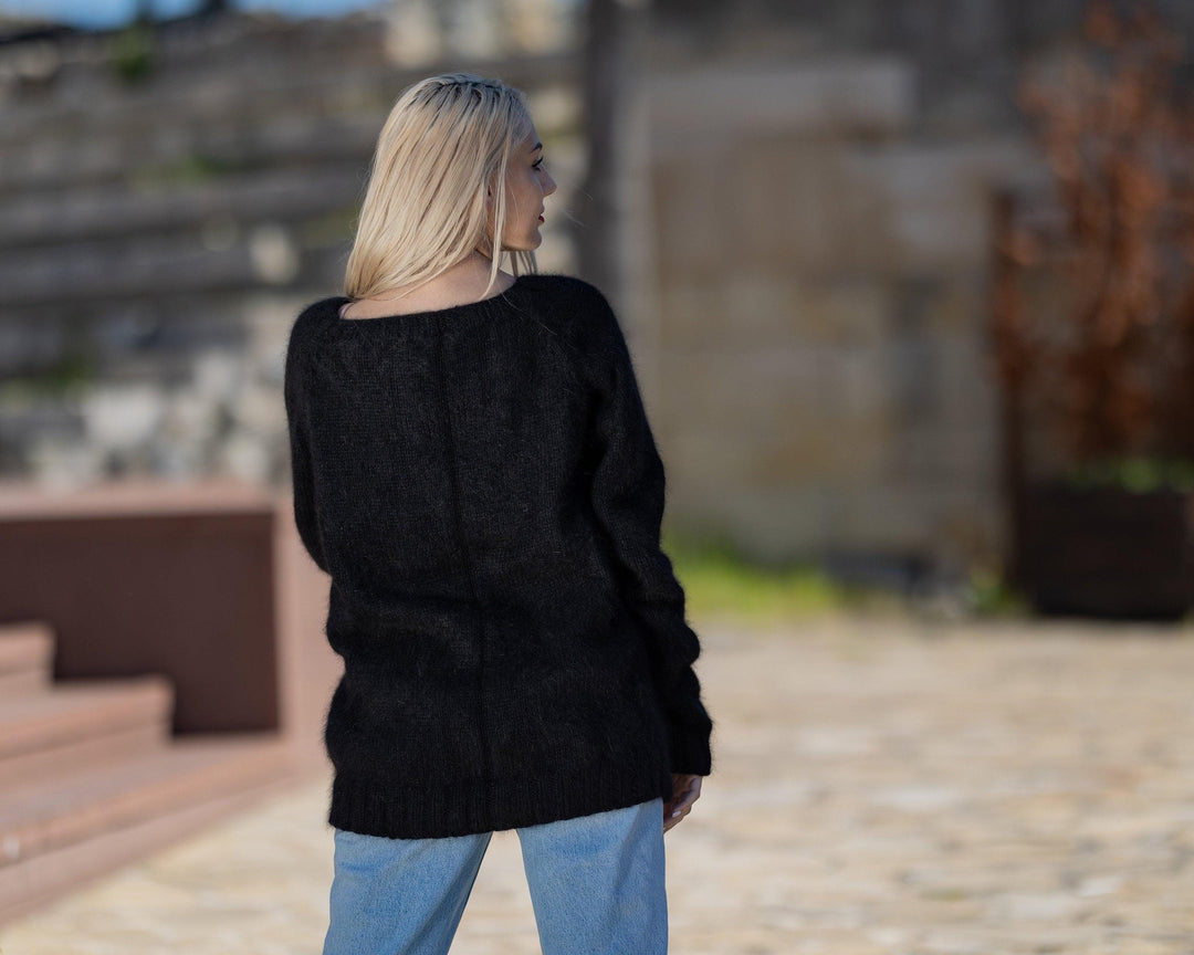 Black Italian Angora Sweater, Hand Knitted Fluffy Pullover T1432