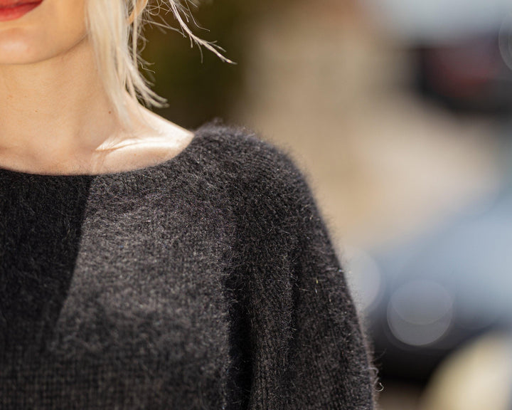 Black Italian Angora Sweater, Hand Knitted Fluffy Pullover T1432