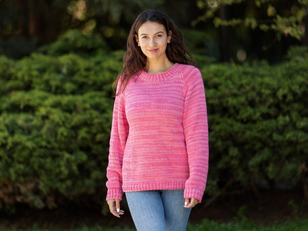 Pink Melange Cotton Sweater, Hand Knitted 100% Cotton Summer Pullover T1067