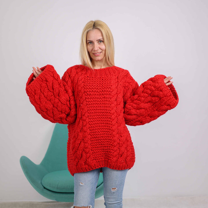 One available in size 6XL, Red Cable Knit Woolen Sweater, Hand Knit Pullover T1883