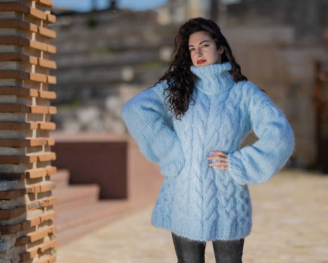One available in size 5XL, Fluffy Blue Mohair Sweater, Chunky Turtleneck T1423