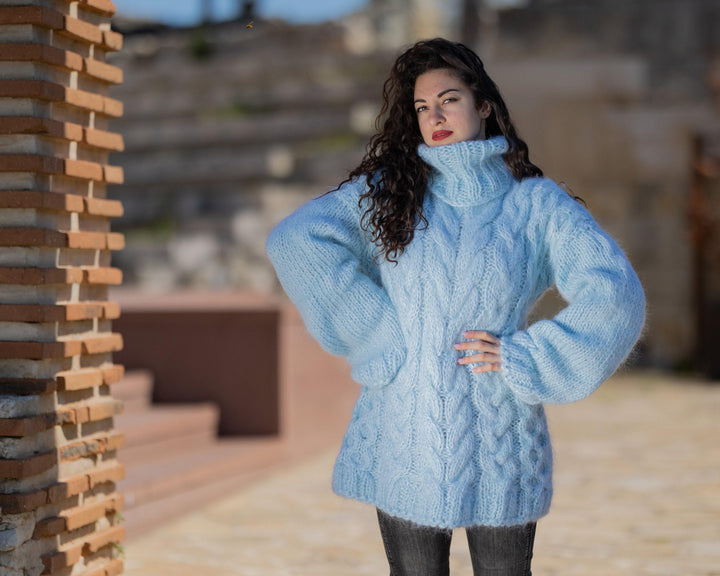 One available in size 5XL, Fluffy Blue Mohair Sweater, Chunky Turtleneck T1423