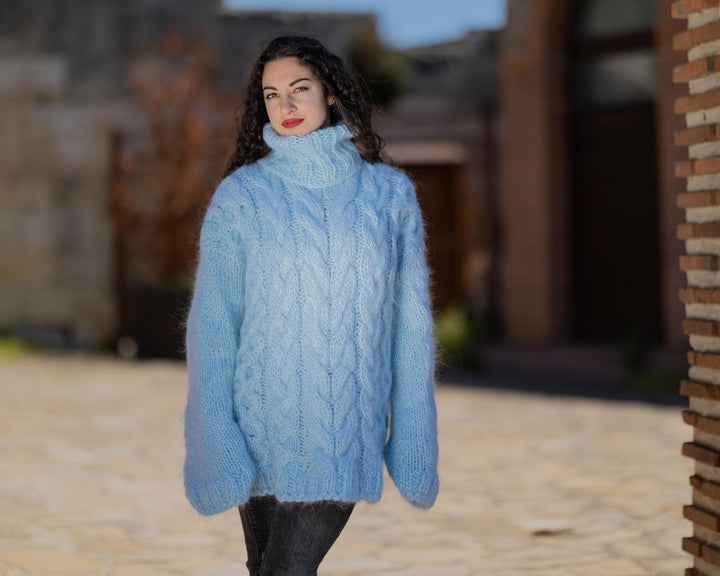 One available in size 5XL, Fluffy Blue Mohair Sweater, Chunky Turtleneck T1423