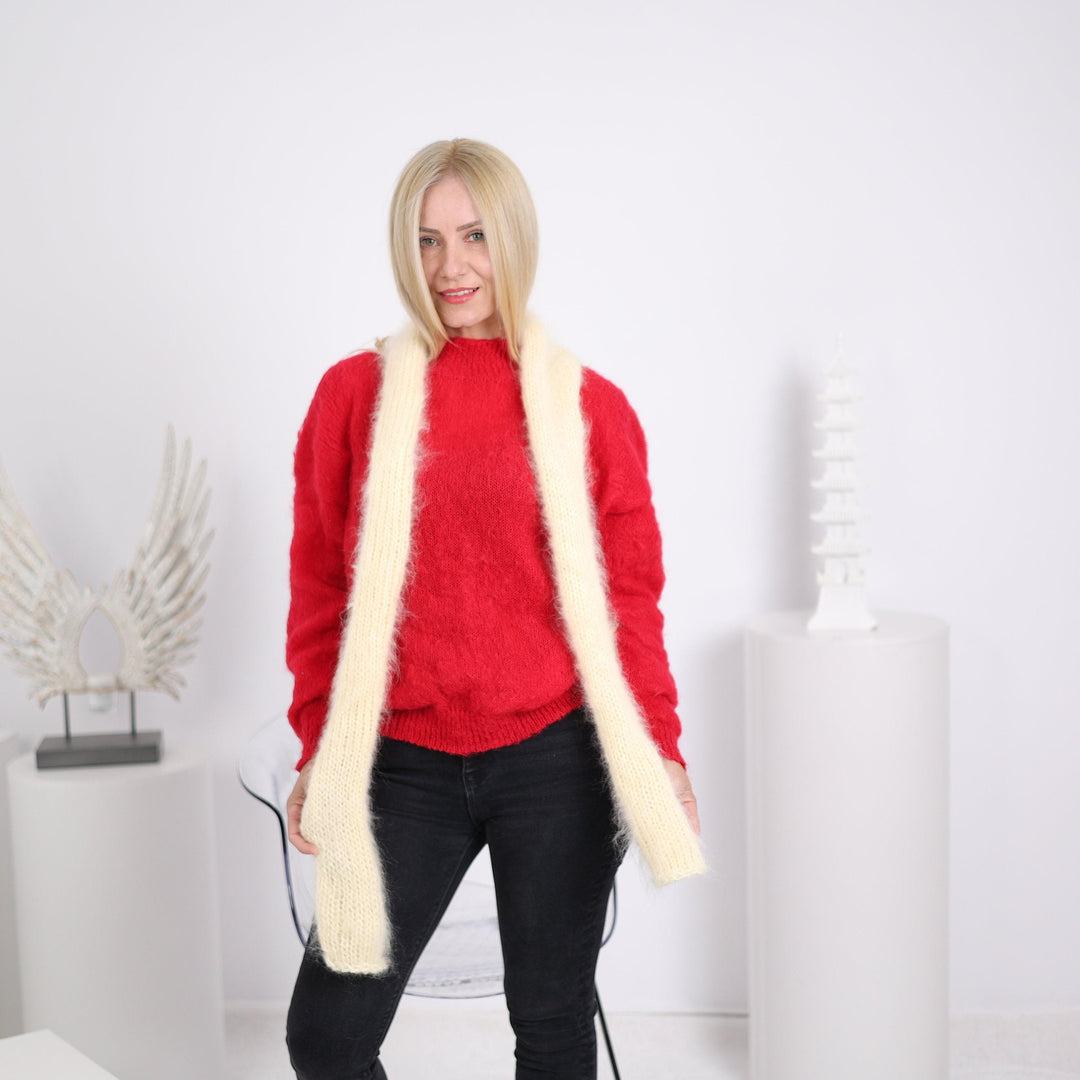One available , Cream  Mohair Hand KNitted Scarf, Soft Shawl  T1635