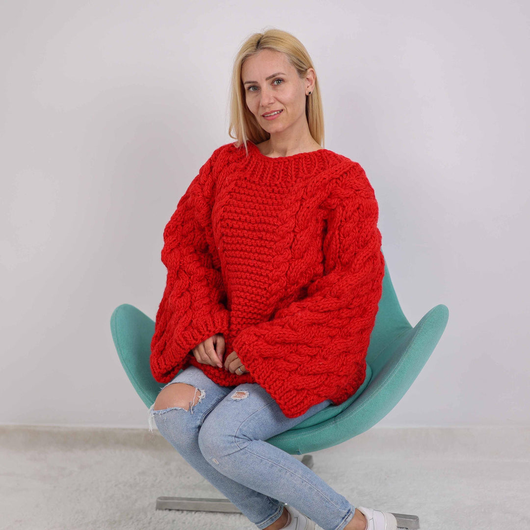 One available in size 6XL, Red Cable Knit Woolen Sweater, Hand Knit Pullover T1883