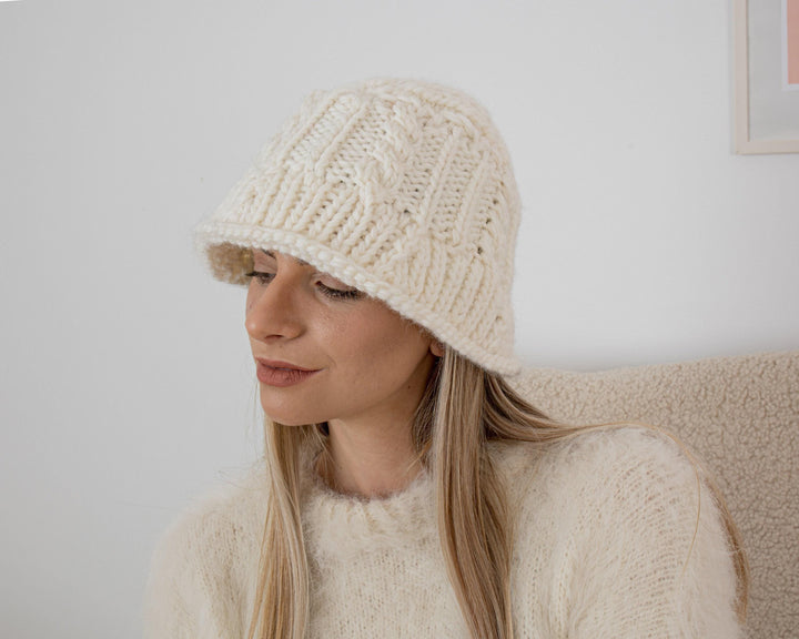 One available Cream 100 % Wool Hat , Hand Knit Hat T1347