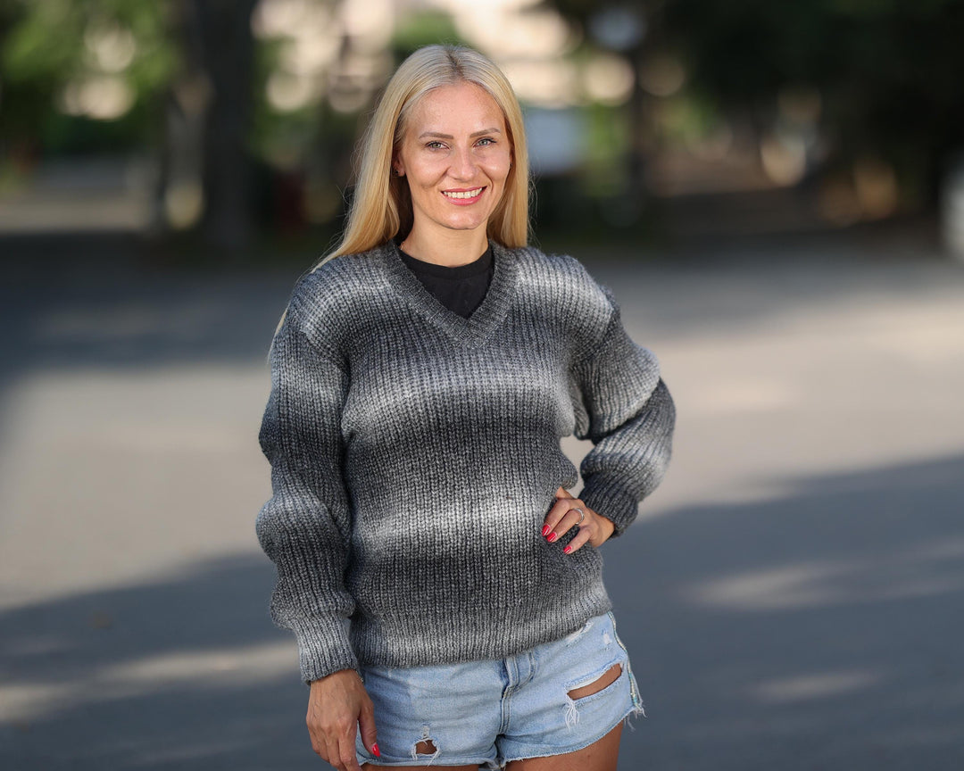 One available in size XL, Hand Knitted Gray Alpaca Yarn V-Neck Sweater 1766