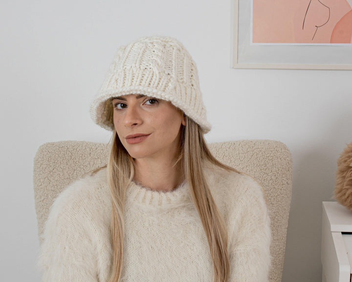 One available Cream 100 % Wool Hat , Hand Knit Hat T1347