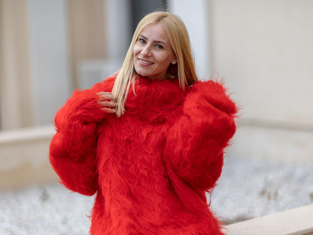 Extra Long Red Mohair Dress, Hand Knitted Turtleneck Sweater Maxi Dress T1079