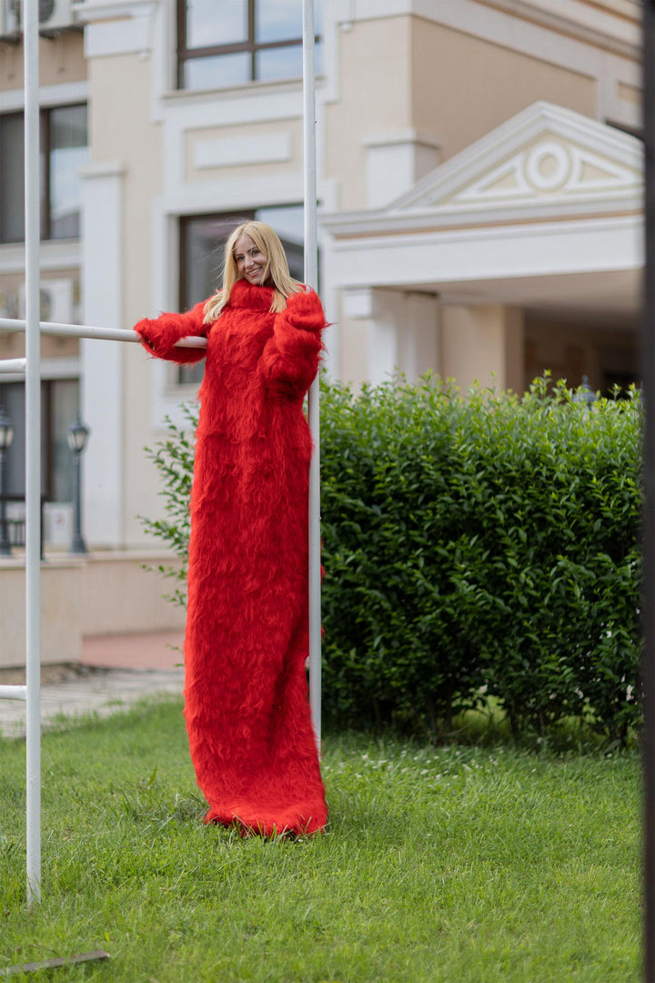 Extra Long Red Mohair Dress, Hand Knitted Turtleneck Sweater Maxi Dress T1079