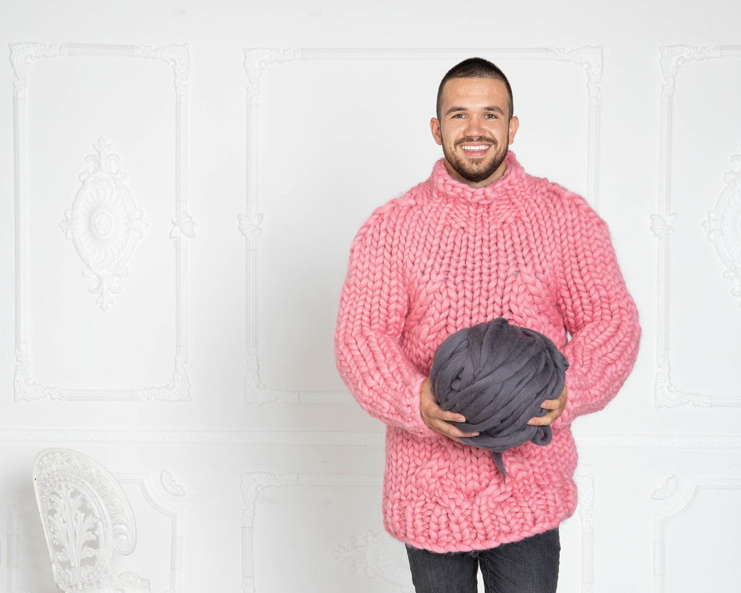 Chunky Pink Wool Sweater – Hand-Knitted Thick Cable Knit Merino Sweater for Men T624M