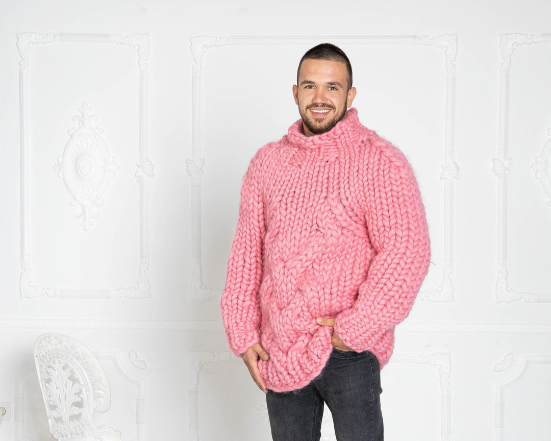 Chunky Pink Wool Sweater – Hand-Knitted Thick Cable Knit Merino Sweater for Men T624M