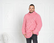 Pull épais en laine rose – Pull torsadé épais en mérinos tricoté à la main pour homme T624M