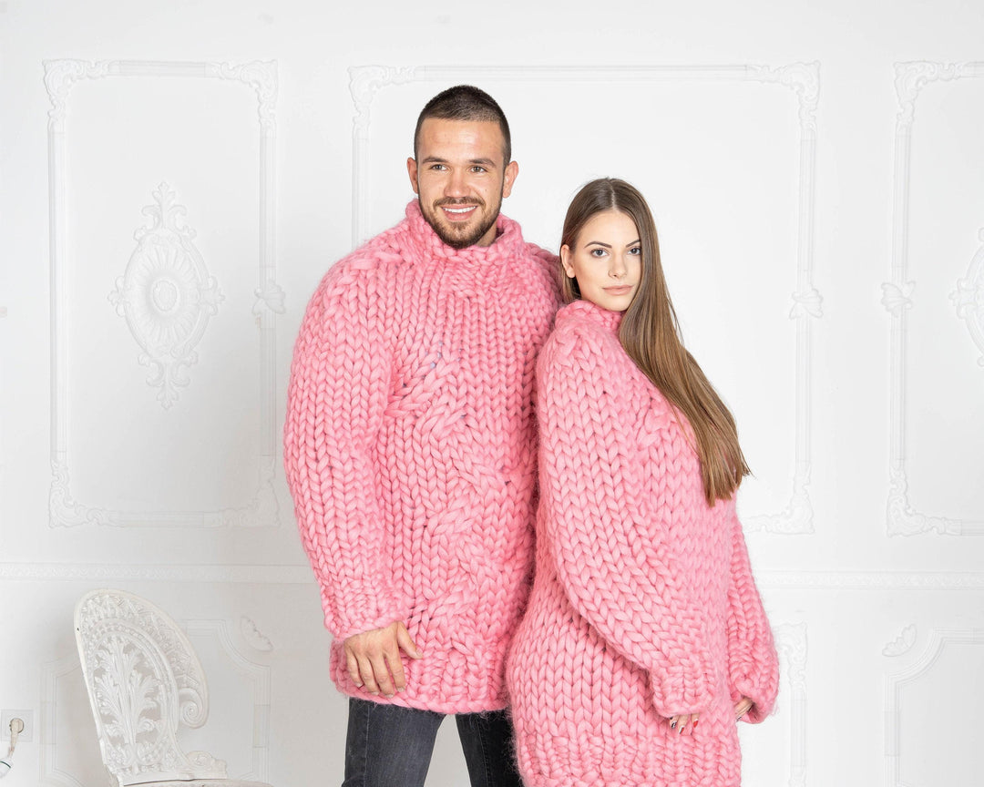 Chunky Pink Wool Sweater – Hand-Knitted Thick Cable Knit Merino Sweater for Men T624M