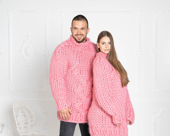Chunky Pink Wool Sweater – Hand-Knitted Thick Cable Knit Merino Sweater for Men T624M