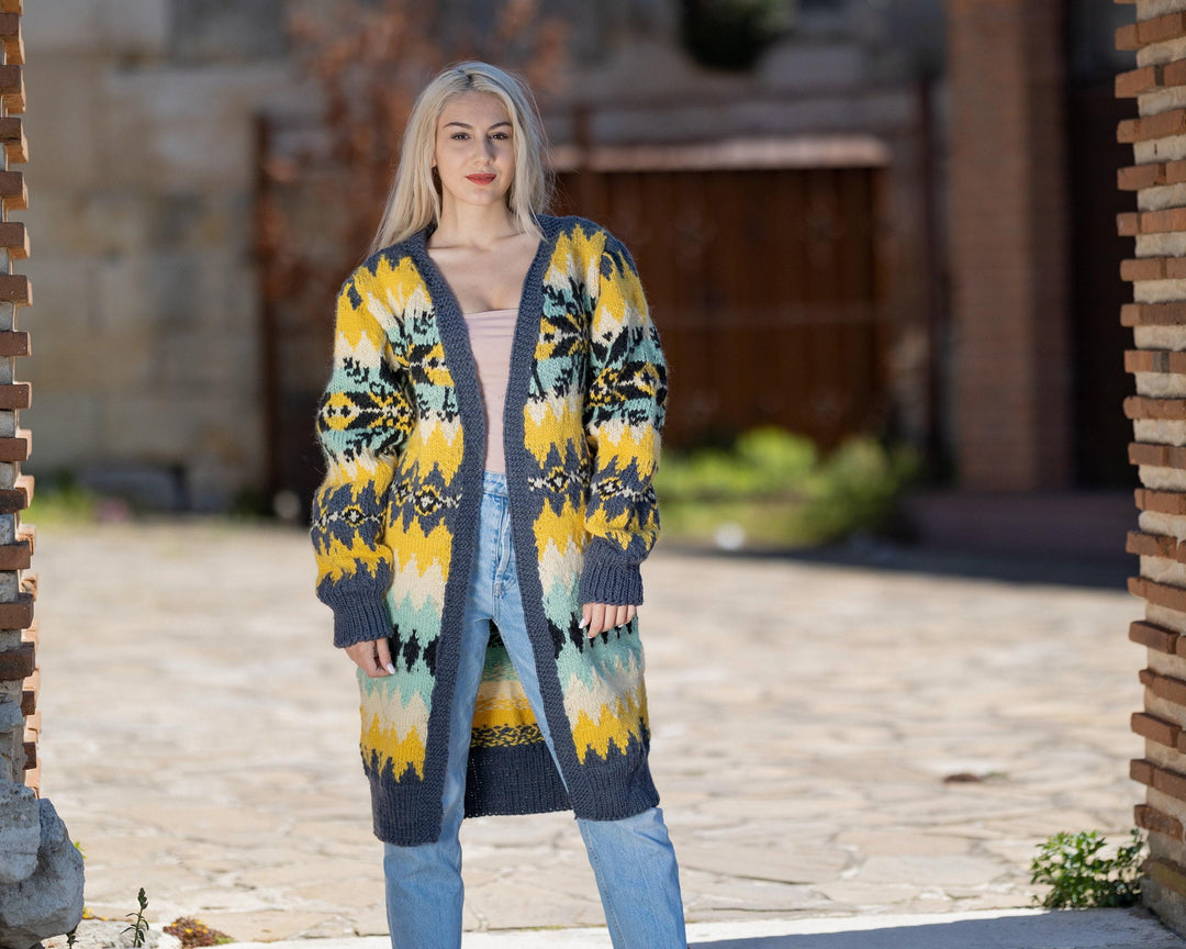 One available in size XL , 100% Wool Cardigan, Hand knit Coat T1429