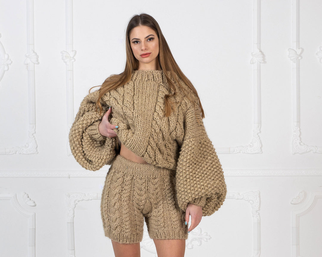 Cable Knit Wool knitted Shorts, Soft wool pants T964