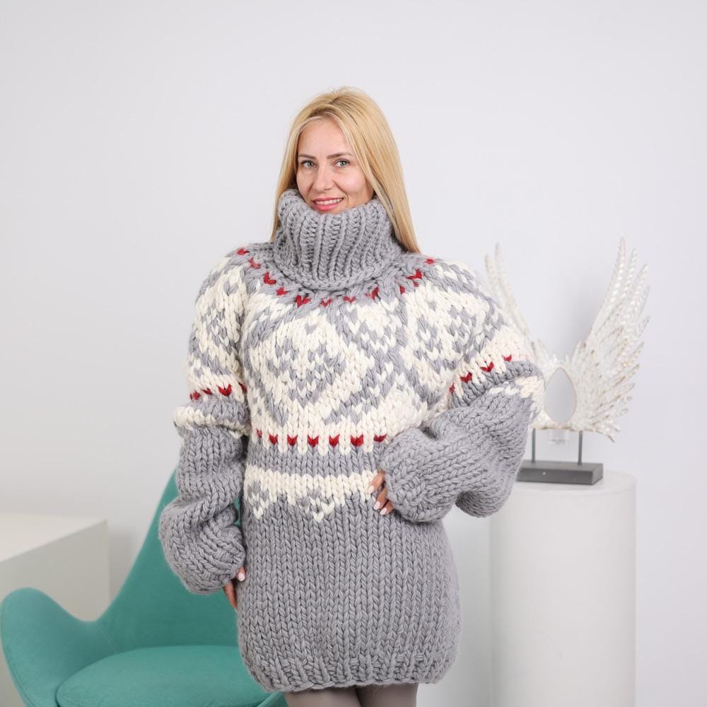 One available in size 4XL, Norwegian Wool Sweater - Hand Knitted 5-Strand Chunky Pullover T1916