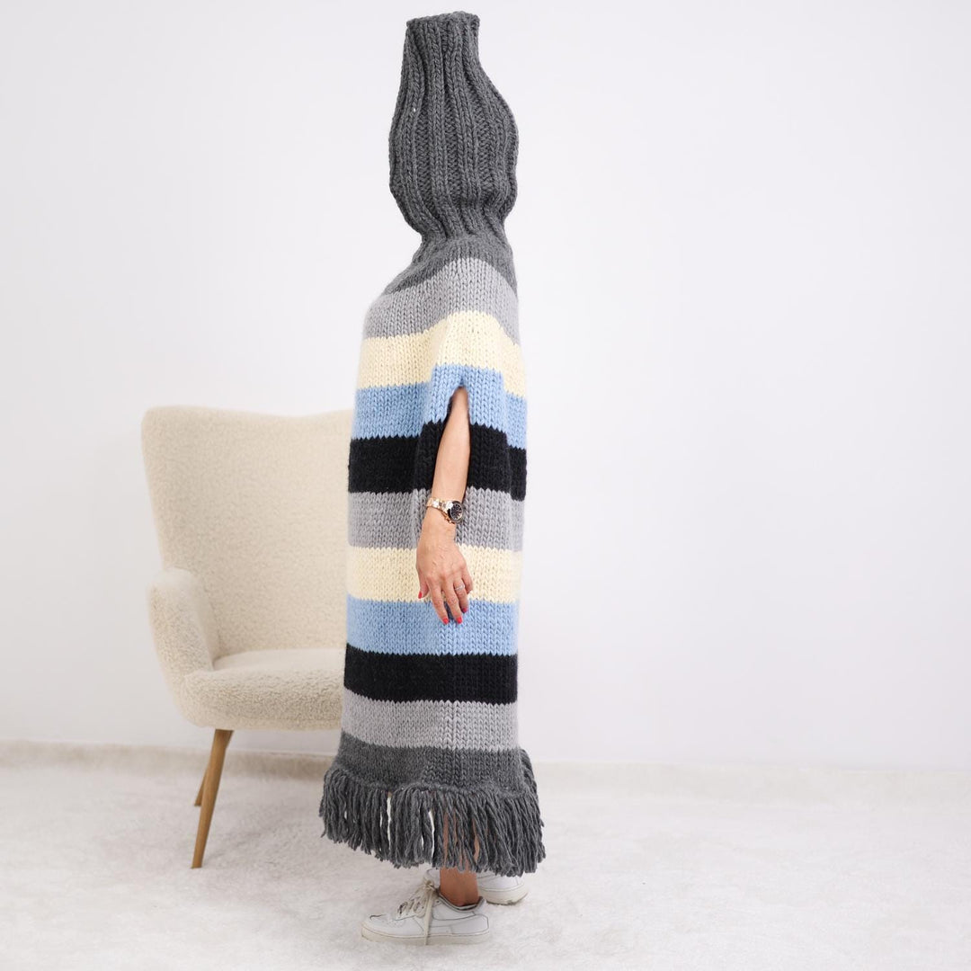 One available  Striped Wool Poncho with Extra Long Turtleneck  T1895