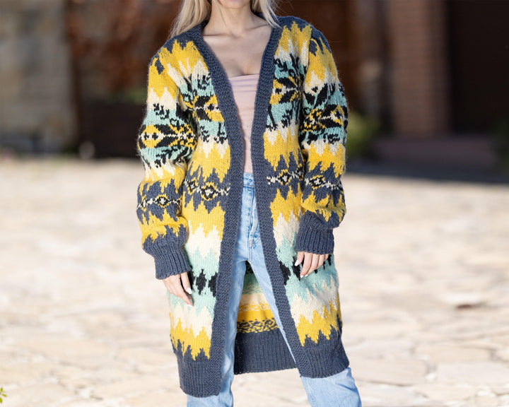 One available in size XL , 100% Wool Cardigan, Hand knit Coat T1429