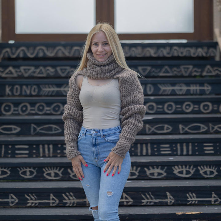 Chunky Knit Bolero Sweater with Extra Long 60 cm Turtleneck – 100% Wool Shrug T1857