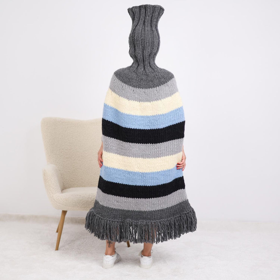 One available  Striped Wool Poncho with Extra Long Turtleneck  T1895