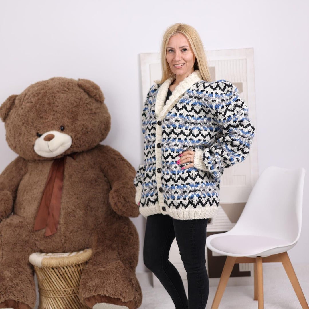 One available in size 6XL, Icelandic Lopi Wool Cardigan - Hand Knitted Jacket  T1839