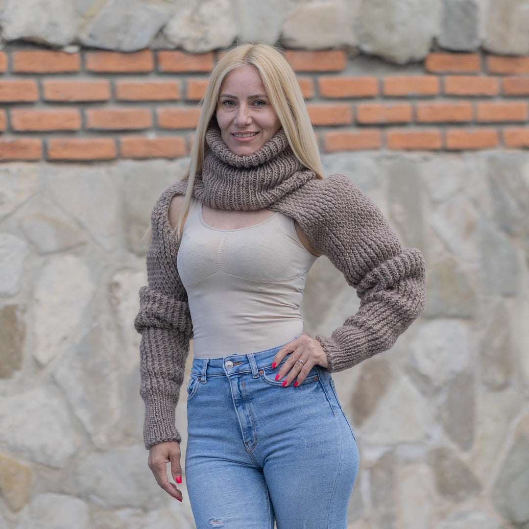 Chunky Knit Bolero Sweater with Extra Long 60 cm Turtleneck – 100% Wool Shrug T1857