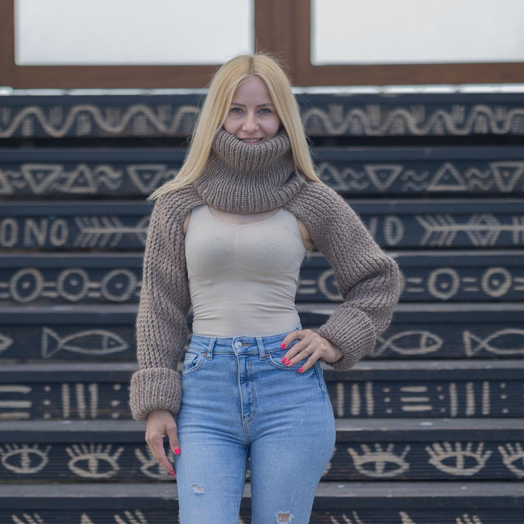 Chunky Knit Bolero Sweater with Extra Long 60 cm Turtleneck – 100% Wool Shrug T1857