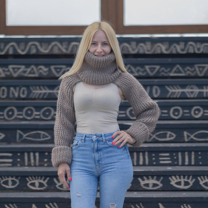 Chunky Knit Bolero Sweater with Extra Long 60 cm Turtleneck – 100% Wool Shrug T1857