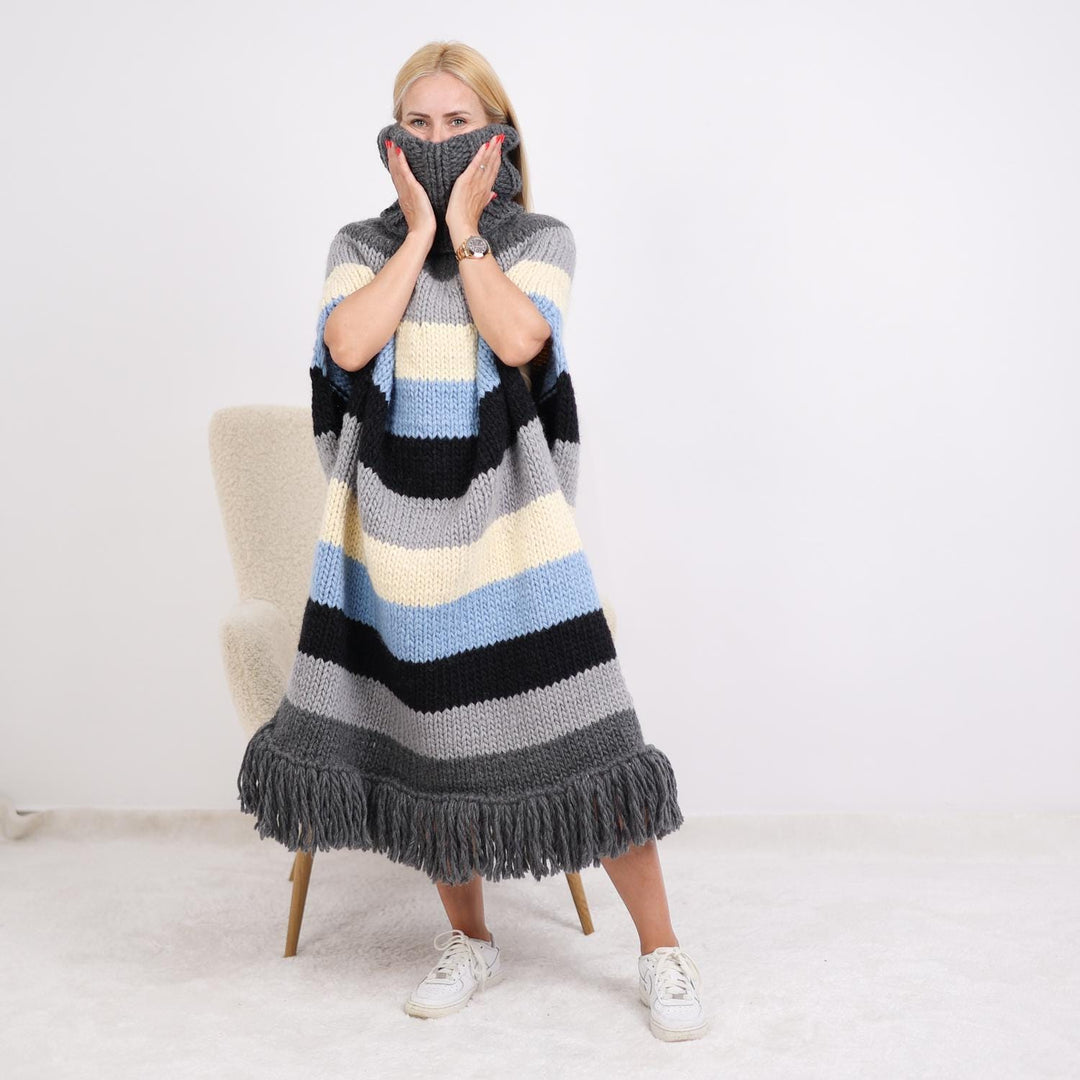 One available  Striped Wool Poncho with Extra Long Turtleneck  T1895