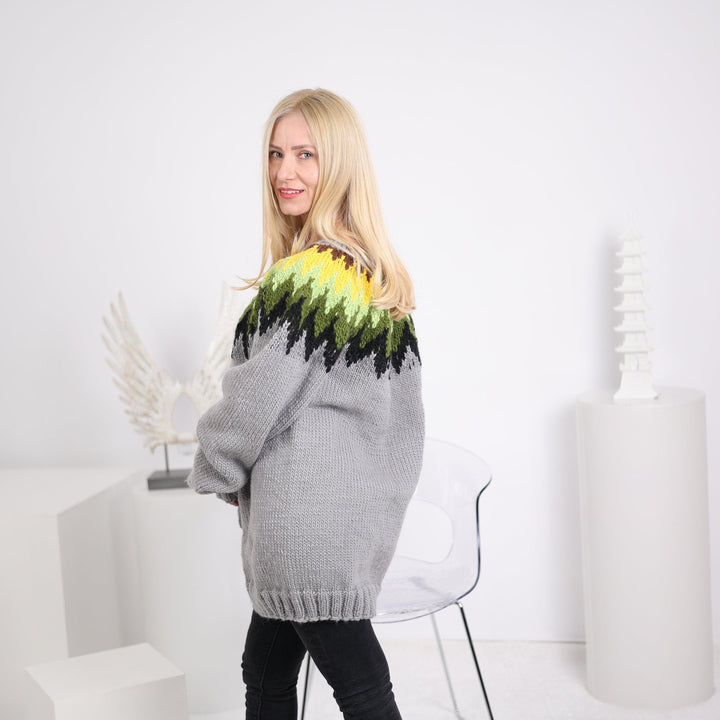 One available in size 4XL, Lopi wool Sweater, Hand knitted gray pullover  T1632