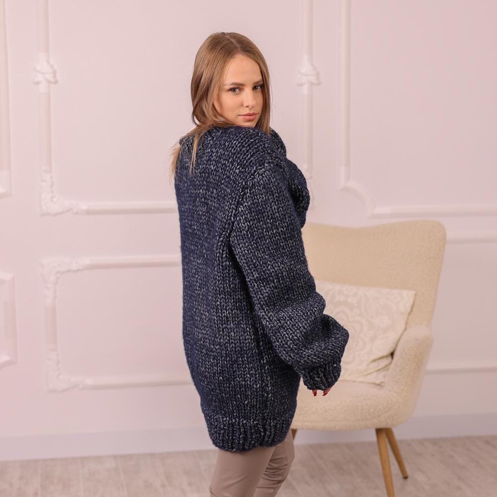 Chunky Navy Merino Wool Sweater, Hand Knitted 5-Strand Soft Knit Oversized  Pullover T1992