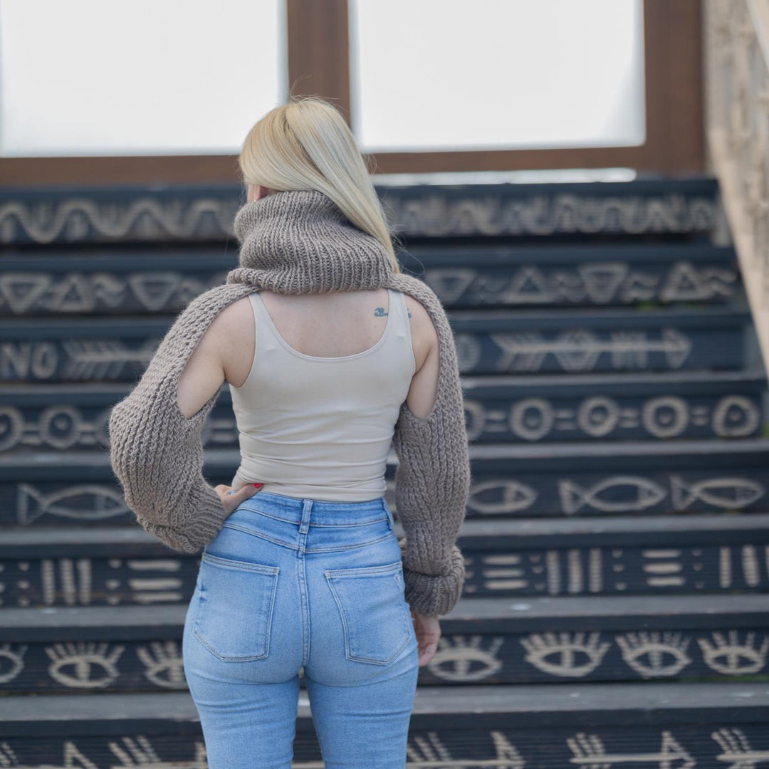 Chunky Knit Bolero Sweater with Extra Long 60 cm Turtleneck – 100% Wool Shrug T1857