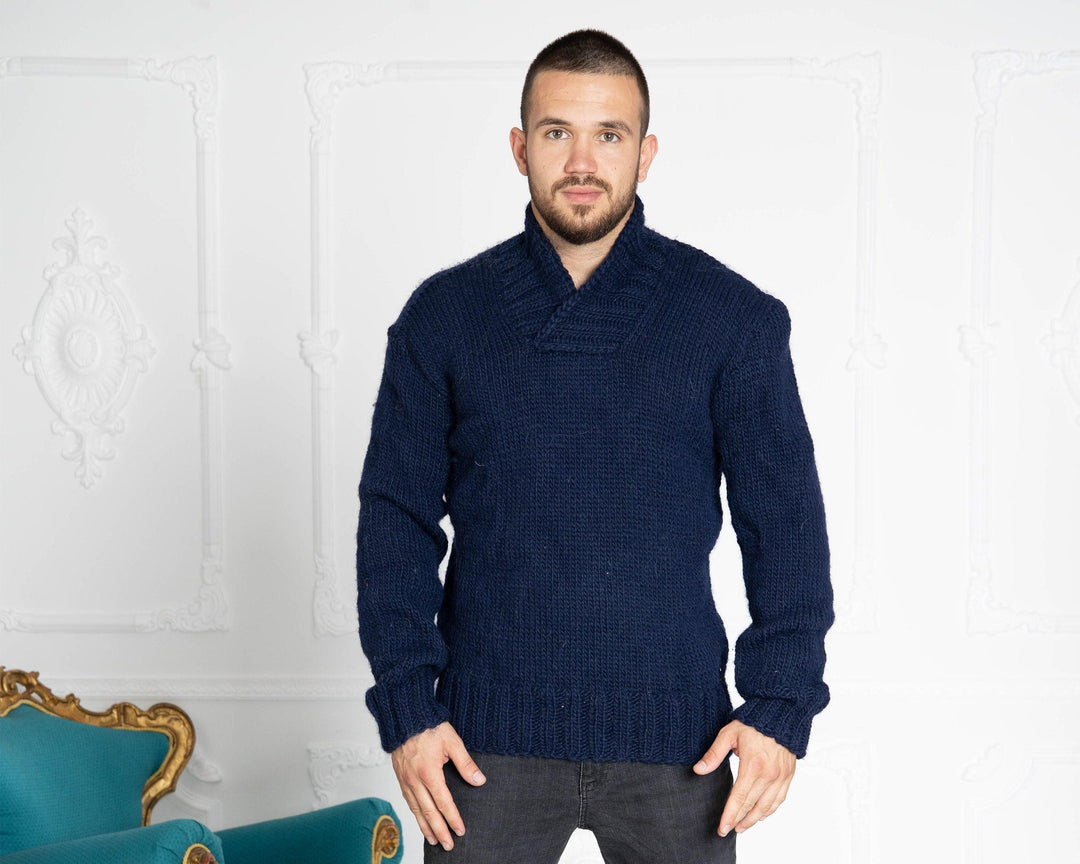 One available in size XL Blue Hand Knit 100% WOOL V neck Sweater T638M