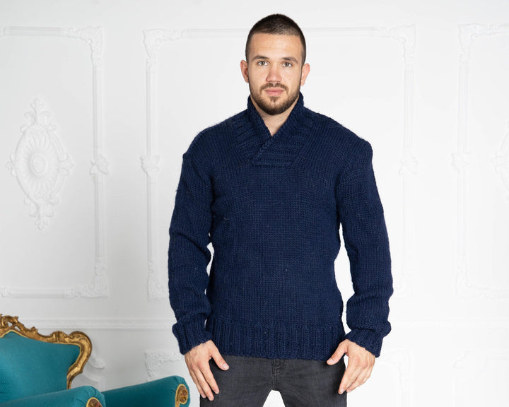 One available in size XL Blue Hand Knit 100% WOOL V neck Sweater T638M