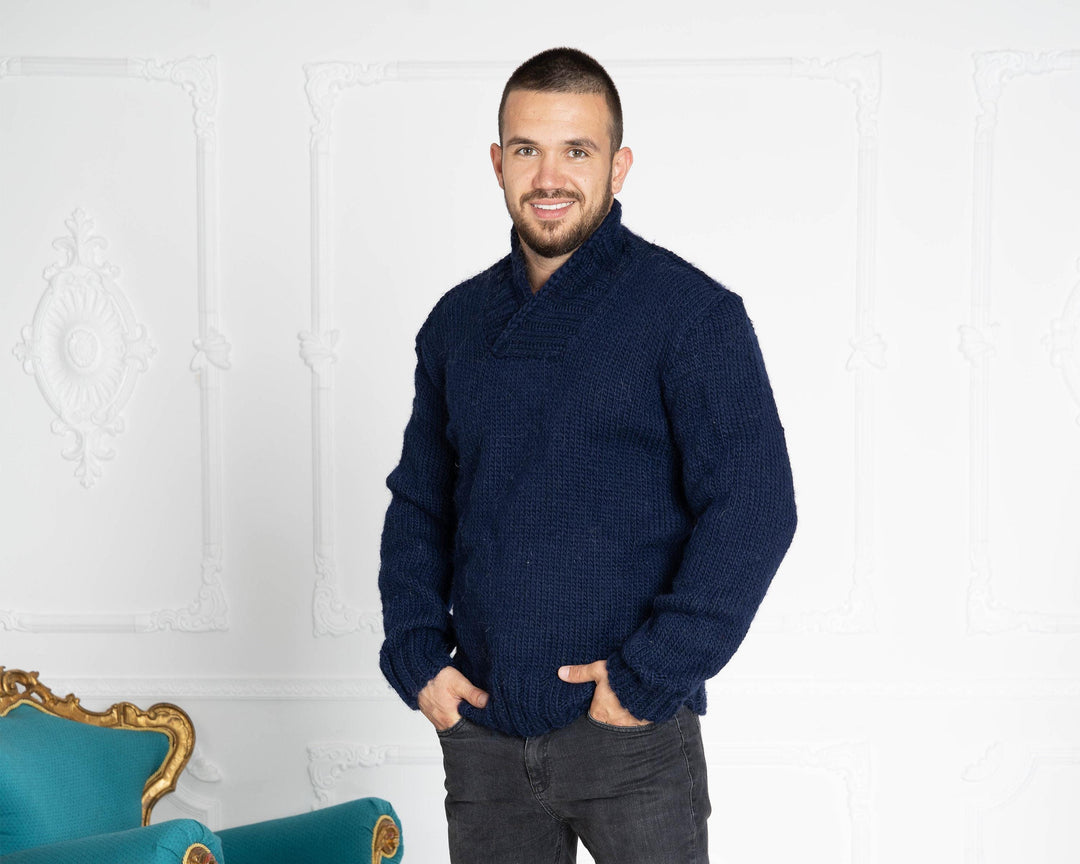 One available in size XL Blue Hand Knit 100% WOOL V neck Sweater T638M