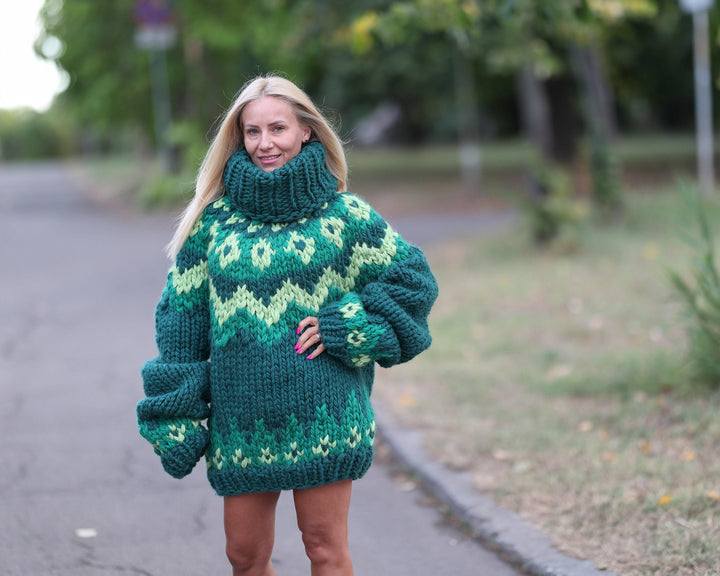 Super Chunky Nordic Wool Sweater with Extra Long Neck, Hand Knitted Icelandic Pullover T1463