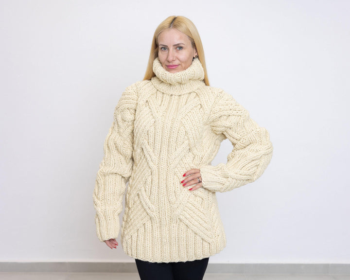 Hand-Knitted Wool Cable Knit Sweater, Cream 2XL T1518